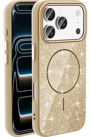 Apple Uyumlu iPhone 17 Pro Max Kılıf M-safe Şarj Özellikli Parlayan Simli Zore Okso Kapak Gold