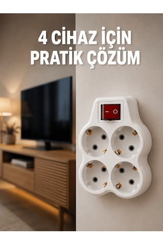 Lexroo Kablosuz Duvar Tipi 4 Lü Priz Çoklayıcı Anahtarlı Elektrik