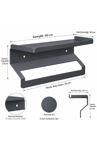 Metal Raflı Havluluk 40 Cm Duvar Tipi Havlu Askısı Antrasit - Gri
