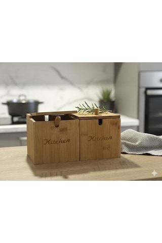 Qerhome 2'li Bambu Kapaklı Ve Kaşıklı Şekerlik - Tuzluk - Baharatlık Veya Baharat Kabı 12 Cm 12 Cm Bambu