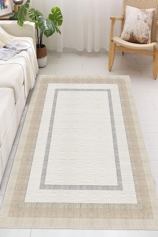 Çerçeve Desenli Dekoratif Kaymaz Taban Yıkanabilir Halı Salon Halısı Krem