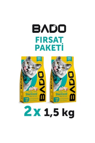 Bado Kısırlaştırılmış Yetişkin Kedi Maması Tavuk Etli 1,5 Kg 2'li