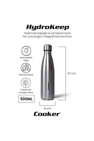 Cooker 500 Ml Paslanmaz Çelik Termos - Çift Kat Yalıtım, 6 Saat Sıcak 12 Saat Soğuk, Sızdırmaz Suluk Ckr2053 Gümüş Gri