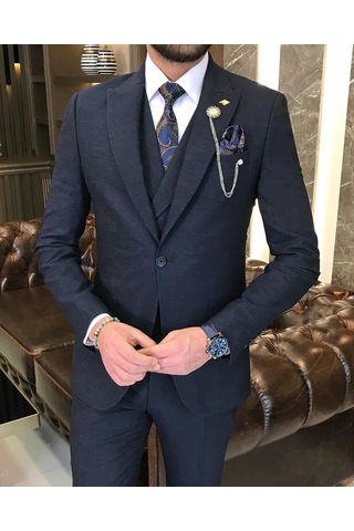 İtalyan stil slim fit erkek ceket yelek pantolon takım elbise lacivert T9118-Lacivert