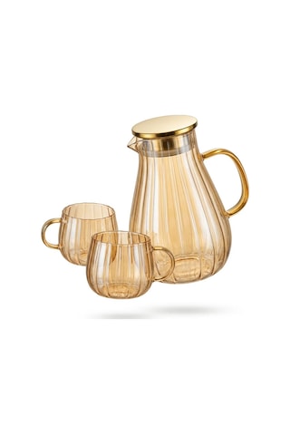 Modern Borosilikat Dilimli 1800 Ml Cam Sürahi Ve 300ml 2li Bardak Çay, Meyve Detoksu Ve Soğuk İçecekler İçin