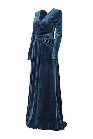 Explosion V Yaka Uzun Kol Kadife Maxi Abiye Elbise - Özel Günler İçin Turkuaz