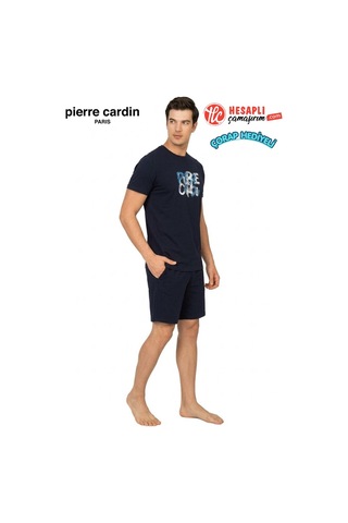 Pierre Cardin Paris Premium Erkek %100 Pamuk Baskılı Yazlık Rahat Kesim Şortlu Pijama Takımı Lacıvert