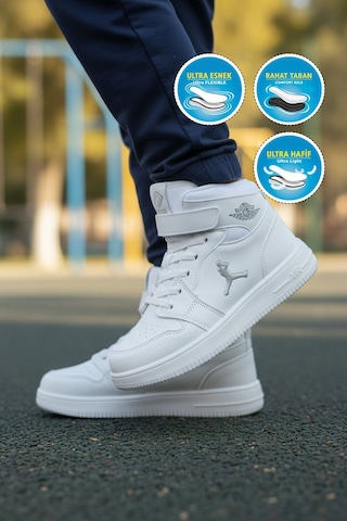 Cool Beyaz Cırtlı Basket Tarzı Bilek Boy Sneaker Erkek Çocuk Spor Ayakkabı Haykat Uzun Air
