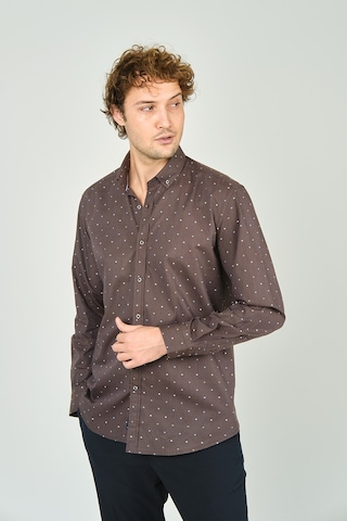 De Leone Erkek Slim Fit Desenli Uzun Kollu %100 Pamuk Gömlek 2045 Kahverengi Kahverengi