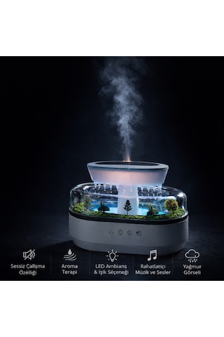 Yağmur Damlası Efektli Aroma Terapi Hava Nemlendirici Led Ambiyans Işıklı, Rahatlatıcı Doğa Sesli, Sessiz Çalışma