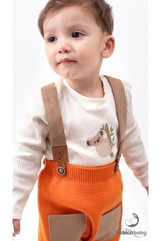 Tiwitibaby Triko Çapraz Askılı Salopet Koala Figürlü Esnek Kaşkorse Badi Bereli Unisex Bebek Takım Turuncu