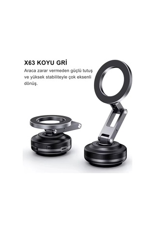 Shopytech X63 Alüminyum Alaşımlı Manyetik Araç Telefon Tutucu 360 Çok Eksenli Vakum Tabanlı Type-c 1 Adet