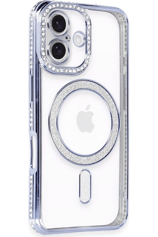 Apple Uyumlu iPhone 16e Kılıf Simli Magsafe Kamera Kenar Taşlı Kapak Mavi