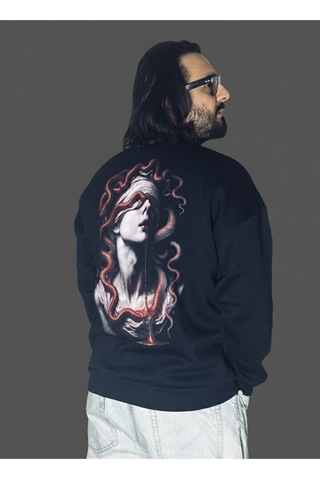 Dark Line The Curse Of God Sırt Baskılı %100 Pamuk Unisex Siyah Oversize Sweatshirt Siyah