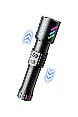 WS-9944 Uzun Menzilli Şarjlı Metal El Feneri, Dijital Şarj Göstergeli Profesyonel El Feneri 4800 mAh Pil 2000 Lümen Siyah