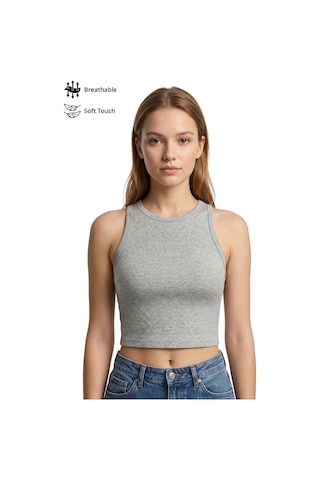 Cottonhıll Gri Melanj Viskon Bisiklet Yaka Kolsuz Kadın Crop Atlet
