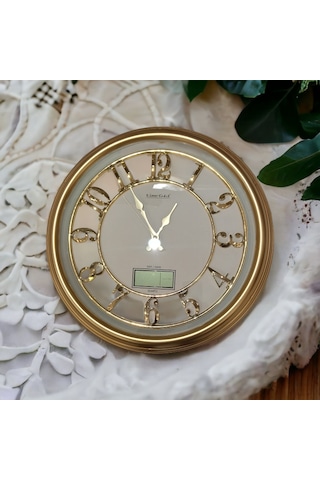 Termometreli Isı Ölçer Dijital Gold Salon Ofis Duvar Saati 47 cm Altın