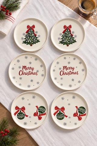 Merry Christmas 6 Lı 16 Cm Yılbaşı Desenli Seramik Pasta Ve Tatlı Tabağı Seti Beyaz