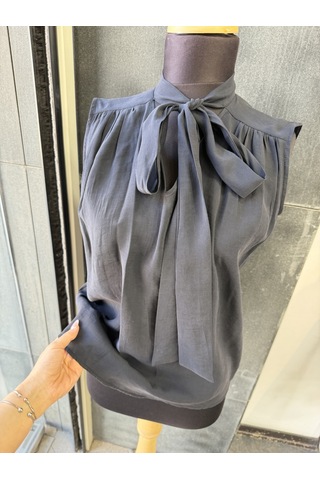 Pera Moda Sıfır Kol Fularlı Modal Yazlık Kadın Gömleği Siyah
