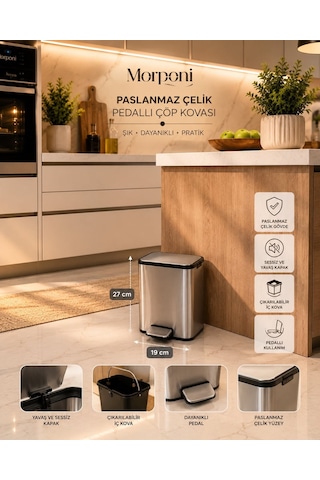 Qerhome Amortisörlü Pedallı Çöp Kovası Banyo Çöp Kovası 5 Lt Krom