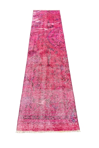 El Dokuma Vintage Yolluk 72x280 Düz Pembe Eskitme Yün Halı Pembe
