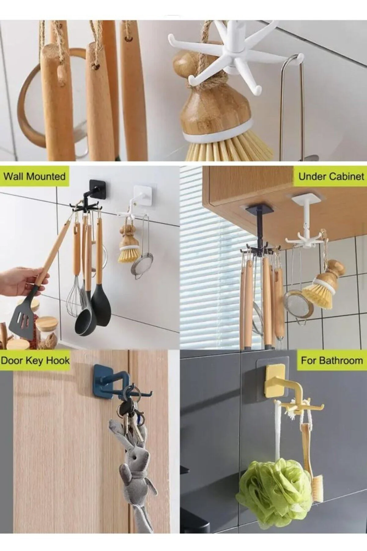 Çok Amaçlı Mutfak Banyo 6 Kancalı 360 Derece Dönen Yapışkanlı Askı Siyah