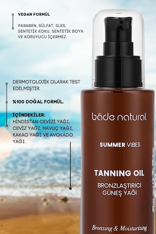 Bade Natural %100 Doğal Bronzlaştırıcı ve Nemlendirici Güneş Yağı 100 ML