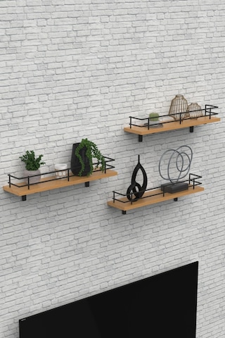 Modern Tasarımlı Metal Korkuluklu Ahşap Duvar Rafı Üçlü Safir Meşe