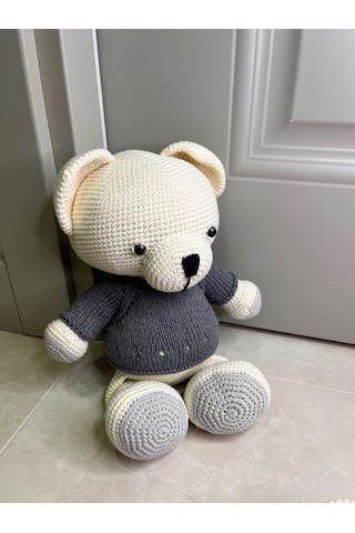 Amigurimi Gri Kazaklı Oyuncak Ayıcık Ve Çıngırak&bebek Hediyesi 30 Cm