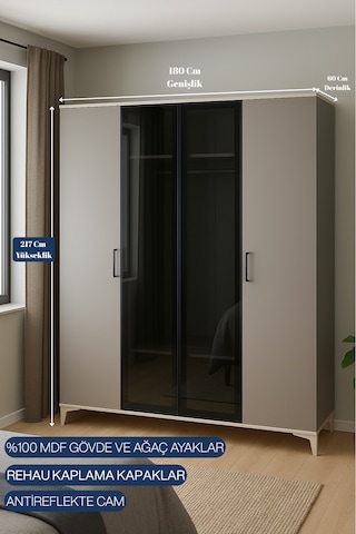 Deniz 4 Kapaklı Çekmeceli Mdf Dolap Ağaç Ayaklar