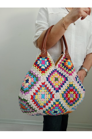 Embahandmde El Yapımı Renkli Granny Square Omuz Çantası Keten Astarlı Bohem Yazlık Kadın Çanta Krem - Bej