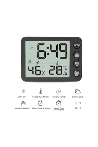Fastbuy Ev Ve Ofis İçin Dijital Sıcaklık-nem Monitörü, Büyük Ekranlı Alarm Saat, Geri Sayım, Lcd Görüntüleme, Pil Dahil Değil