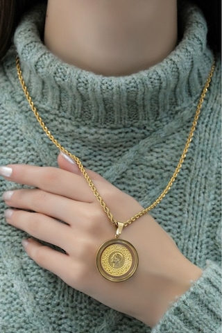 Yarım Altınlı Cam Çerçeveli Halat Kolye