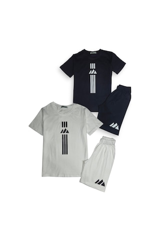 Minik Motion 2'li Set Kısa Kollu Tshirt Ve Şortlu Çocuk Minikmotion Alt Üst Takım Beyaz - Lacivert
