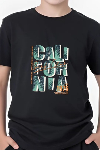 Panios Kids 1976 Cali Baskılı Erkek Çocuk Yuvarlak Yaka Kısa Kollu T-shirt Siyah