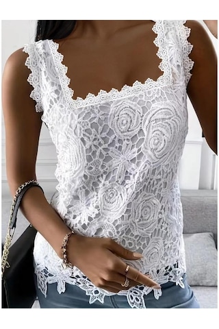 Yaz Kadın Yelek Kare Yaka Dantel Kolsuz Tank Top Beyaz