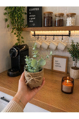 Mini Jüt İpli Saksı Yapay Papatya Limon Okaliptus Seti Dekoratif Şık Masa & Balkon Süsü Çok Renkli