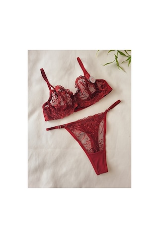 Demirsa Boutique Dantelli Çiçekli Balenli Bordo İç Çamaşır Takım Sütyen&tanga Bordo