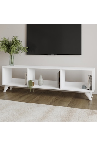 Tina Tv Sehpası 120 Cm Açık Meşe Renkli, Retro Tarz Ahşap Ayaklı Minimal Tv Sehpası Beyaz