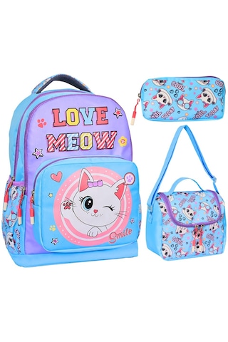 Kedi Baskılı Mavi, 3 Lü İlkokul Kız Çocuk Beslenmeli Ve Kalemlikl