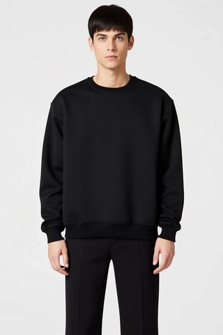 Benerly Erkek Bisiklet Yaka Düşük Kol Oversize Kalın Nakışlı Sweatshirt F siyah