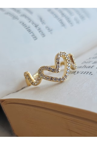 Ayarlanabilir Dalgalı Wavy Kalp Model Zirkon Taşlı Gold Renk Çelik Yüzük Altın