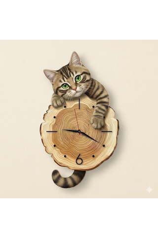 Cajuart Kütük Üzerinden Bakan Tekir Kedi Tasarımlı Duvar Saati Modern Dekoratif Saat Kahverengi