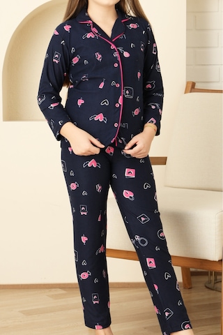 Kız Çocuk Pat Yakalı-baskılı Ve Düğme Kapamalı-%100 Pamuk Pijama Takımı 12352 Lacıvert