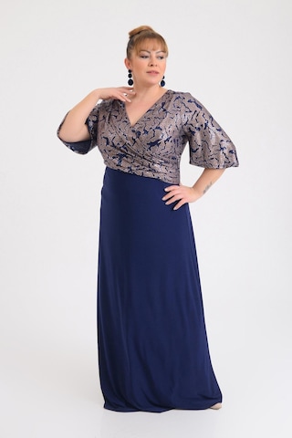 Lilas Xxl Kadın Büyük Beden Kruvaze Yaka Kısa Kollu Uzun Abiye Elbise 9670 Lacivert Lacivert