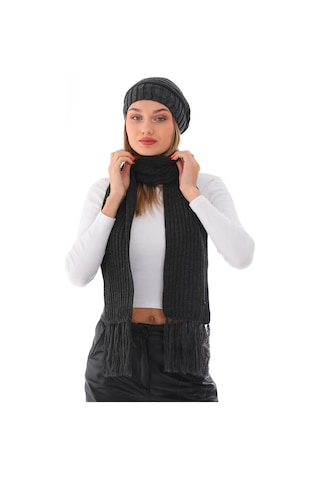 Kadın Ipli Bere Antrasit Selanik Örgü Atkı Takım Antrasit