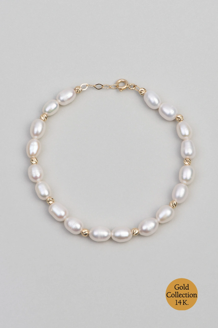 Doğal İnci İhtişamı 14 Ayar Sarı Altın Kolye Sarı - Beyaz Altın