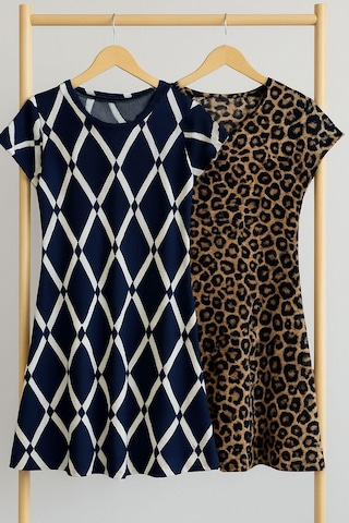 2 Adet Dökümlü Rahat Kalıp Günlük Penye Kumaş Elbise Lacivert - Beyaz