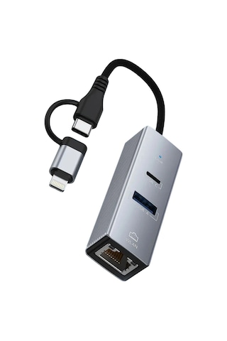 3 Portlu Ağ Ve Veri Adaptörü: Rj45 Lan + Usb 3.0 + Type-c Girişli Metal Kasa