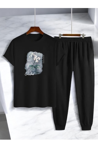 Uyguntarz Unisex Saksı Tasarım Basklı Tshirt Eşofman Takımı Siyah